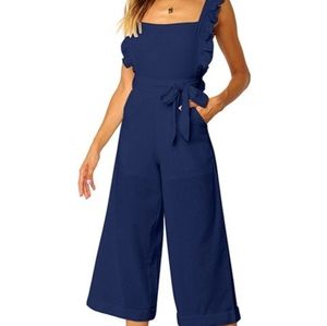 BLUE RUFFLE STRAP JUMPSUIT